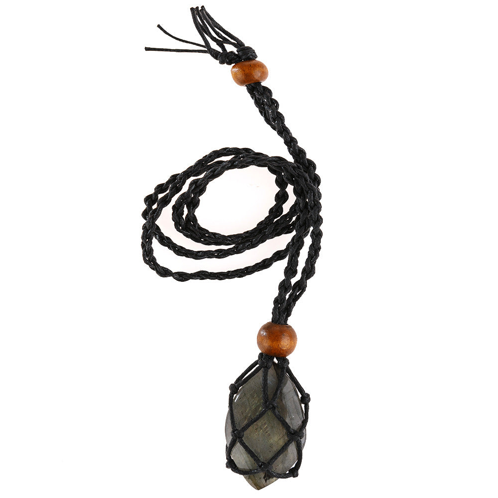 Crystal Stone Pendant Wrapped w/ Braid Necklace