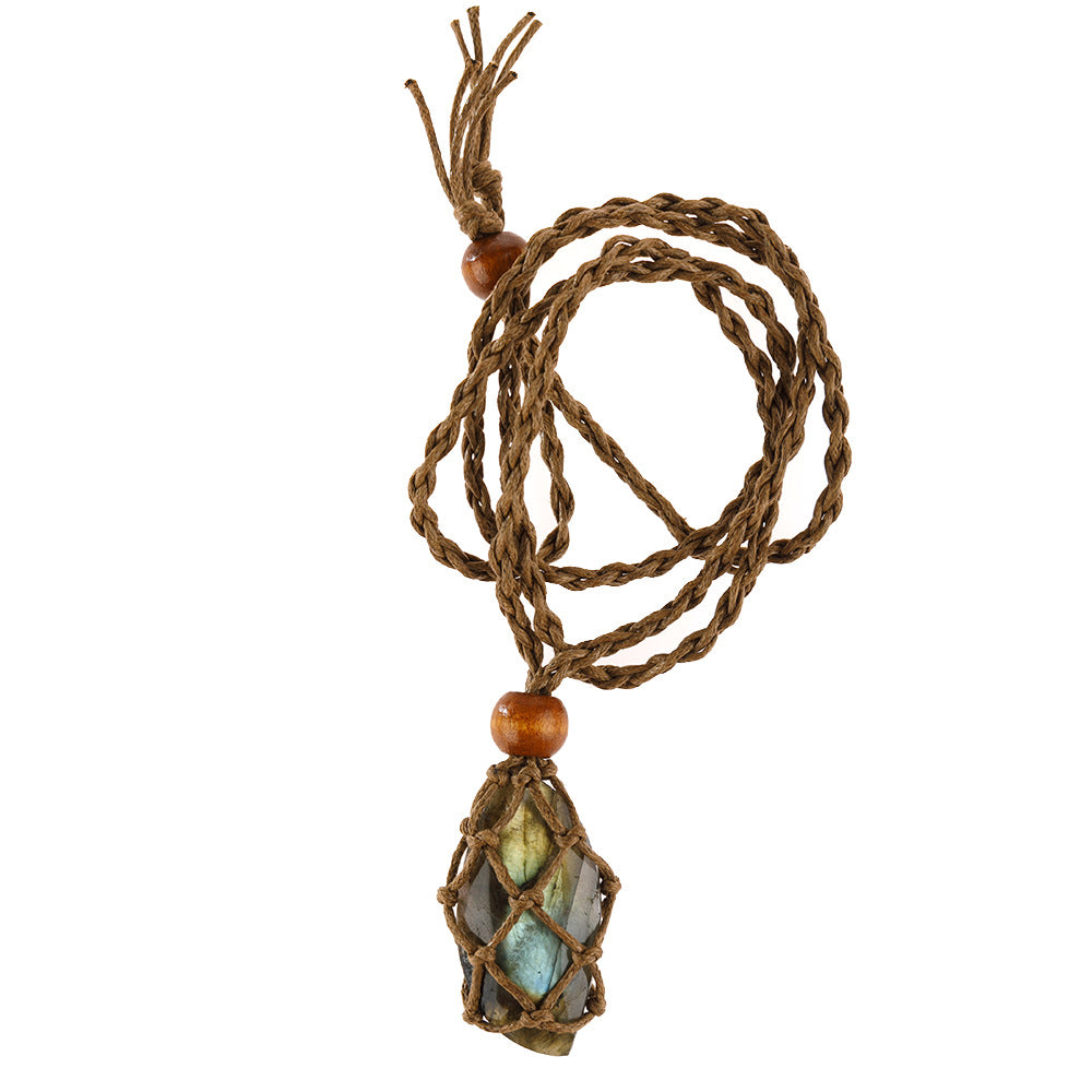 Crystal Stone Pendant Wrapped w/ Braid Necklace