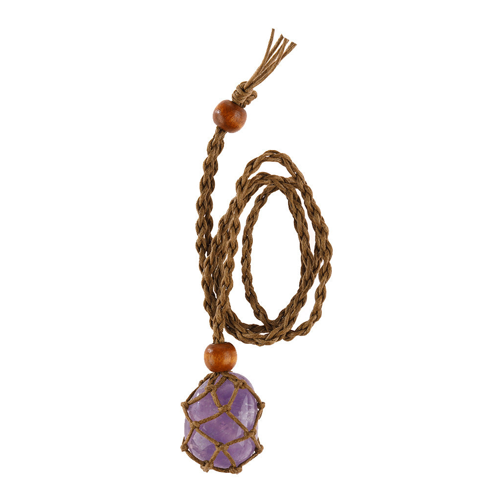 Crystal Stone Pendant Wrapped w/ Braid Necklace