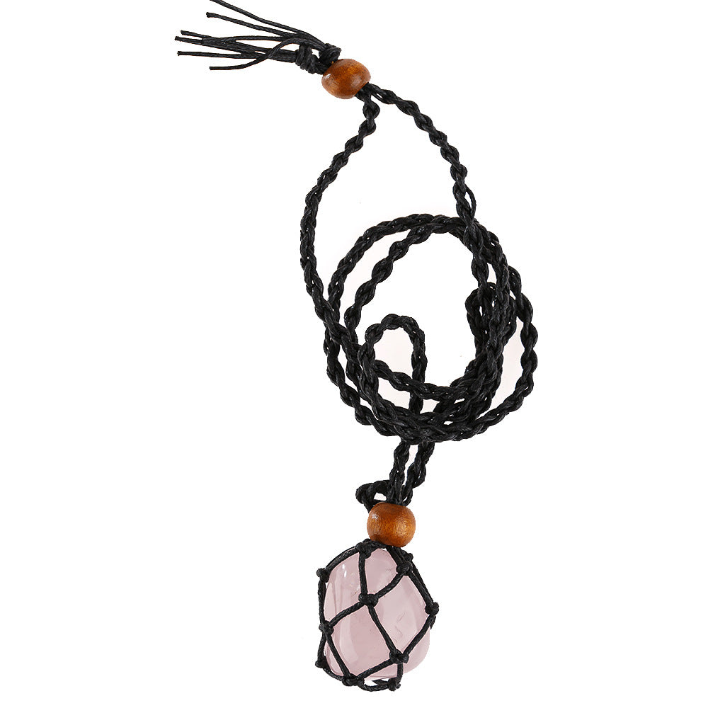 Crystal Stone Pendant Wrapped w/ Braid Necklace